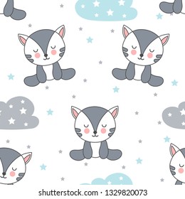 Seamless pattern with kittens, clouds and stars. Children cartoon background. Cute flat cats.
