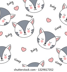 Seamless pattern with kittens and hearts. Children cartoon background. Cute flat cats.