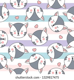 Seamless pattern with kittens and hearts. Children cartoon background. Cute flat cats.