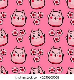 seamless pattern with kittens. Japanese kitty maneki Neko. bright pink pattern with cute cats and flowers. vector illustration
