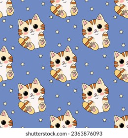 Seamless pattern with kittens in kawaii style - hand drawn vector illustration. Flat color design.
