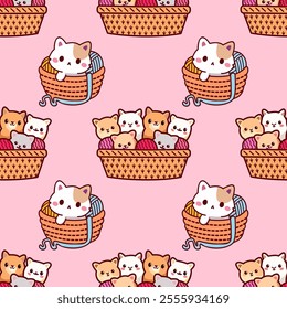 Seamless pattern with kittens in kawaii style - hand drawn vector illustration.