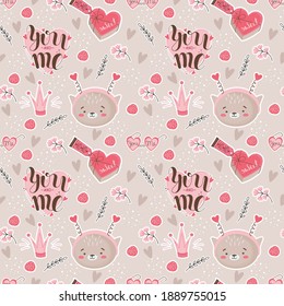 Patrón sin foco con gatitos y letras, flores, dulces y corona para el día de San Valentín. Ilustración vectorial en tiras planas de dibujos animados para imprimir en tela, imprimir, papel tapizado, envolver papel