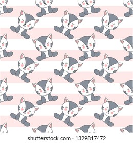 Seamless pattern with kittens on a striped background. Children background, vector illustration.