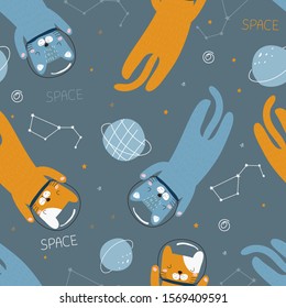 Seamless pattern with kittens in space. Vector illustration for printing on fabric, clothing, tableware, packaging paper, food. Cute baby background.