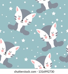Seamless pattern with kittens and stars. Children cartoon background. Cute flat cats.