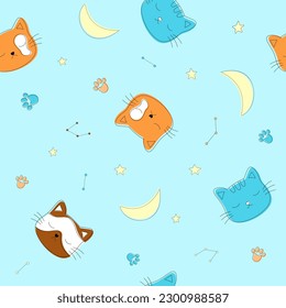 Seamless pattern with kittens, stars and constellations. Cute kids texture for fabric, textile, wrapping, apparel, wallpaper. Vector illustration. 