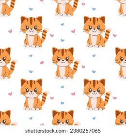Seamless pattern of kitty, cat, kitten and hearts, cute