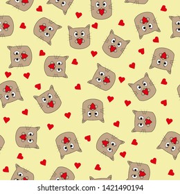 Seamless pattern with kitty face and heart. Ideal for textiles, packaging, paper printing, simple backgrounds and textures.