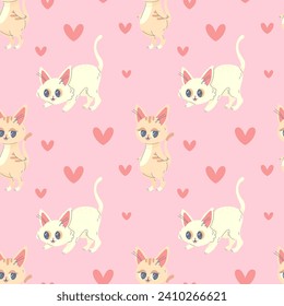 Seamless pattern kitty with heart, pink cute, vector illustration for fabric, print