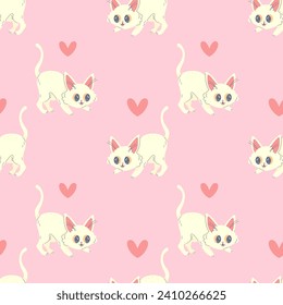 Seamless pattern kitty with heart, pink cute, vector illustration for fabric, print