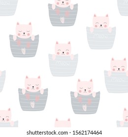 Seamless pattern with kitty. Vector illustration for printing on fabric, clothes, dishes, picture, wrapping paper, Wallpaper. Cute baby background.