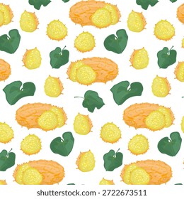 Seamless pattern Kiwano fruit. For food concepts, healthy lifestyle projects, culinary themes, packaging, nutrition visuals, tropical markets, and educational materials