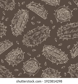 Seamless pattern with kiwano: fruts, leaves, seeds and kiwano slice. Cucumis metulifer. Vector hand drawn illustration