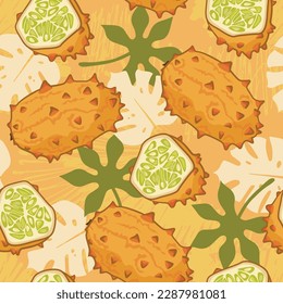 Seamless pattern with Kiwano and leaves. Vector tropical cut fruit illustration. Summer design for cards, wallpaper, food wrapping paper, fabric, background etc