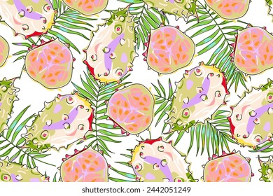 Seamless pattern with kiwano and tropical leaves on a white background. Horned melon or cucumber. Summer design for cards, wallpaper, food wrapping paper, fabric, background etc. Hand drawn. Vector.