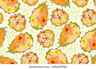 Seamless pattern with kiwano. Whole fruit and half. Horned melon or cucumber. Tropical fruit illustration. Summer design. Hand drawn, cartoon style. Vector.