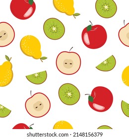 Seamless pattern with kiwi, apple and pear