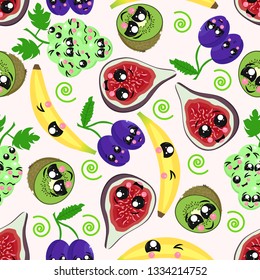 seamless pattern with kiwi, banana, plum, grapes, figs - vector illustration, eps