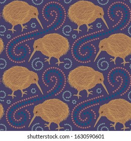 Seamless pattern of kiwi bird with ethnic ornament elements. Repetitive textile vector print, wallpaper design.