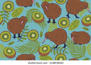 Patrón sin foco con aves kiwi, frutos kiwi y hojas tropicales. Gráficos vectoriales.