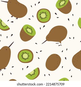  Seamless pattern with kiwi birds and fruits. Doodle cartoon style. Funny kids fabric print. For textiles, clothing, bed linen, office supplies.