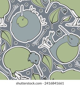 Seamless pattern with kiwi birds and leaves. Vector illustration.
