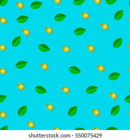 Seamless pattern with kiwi birds and leaves on blue background