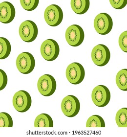 Seamless pattern of kiwi cut into pieces on a green background. Vector image.