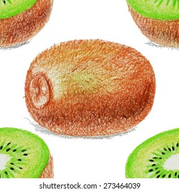 Seamless pattern with kiwi drawing by color pencils. Vector illustration.