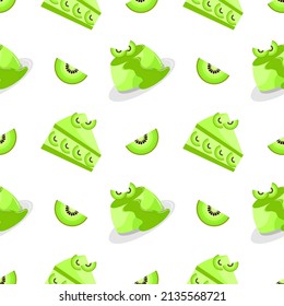 seamless pattern of kiwi fruit cake and pudding on white background
