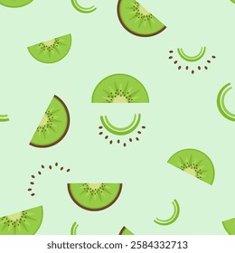 Seamless pattern of kiwi fruit with green leaves on green background vector.