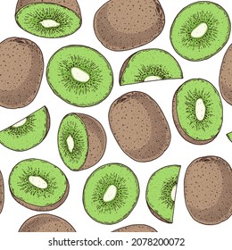 Seamless pattern with kiwi fruit. Hand drawn vector illustration. Design, package, brochure illustration. Hand drawn kiwi fruits design template. Organic fresh food vector illustration.