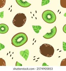 Seamless Pattern Kiwi Fruit. Juicy green fruits on beige background. Hand drawn. Vector illustration.