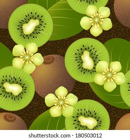 Seamless pattern with kiwi fruit, leaves and flowers on dark brown background. 