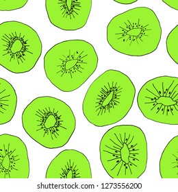 Seamless pattern with kiwi fruit on a white background. Hand drawn vector doodle. Tropical background. Slice of kiwi with seeds.