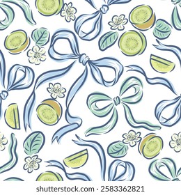 Seamless pattern of Kiwi fruit and ribbons for textile, wallpaper and so on. You can change ribbon and background color from the EPS file.