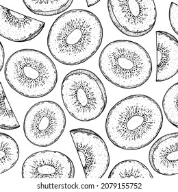 Seamless pattern with kiwi fruit sketch. Hand drawn vector illustration. Design, package, brochure illustration. Hand drawn kiwi fruits design template. Organic fresh food vector illustration.