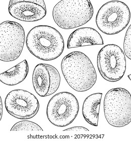 Seamless pattern with kiwi fruit sketch. Hand drawn vector illustration. Design, package, brochure illustration. Hand drawn kiwi fruits design template. Organic fresh food vector illustration.