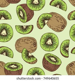 Seamless pattern with kiwi fruit and slice of kiwi. Vector hand drawn illustration
