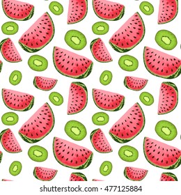 Seamless Pattern with Kiwi Fruit and Watermelon