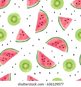 Seamless pattern with kiwi fruit and watermelon slices. Summer background.