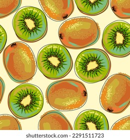 Seamless pattern with kiwi fruit. A whole kiwi and half a fruit. Bright colorful fruits on a light background. Hand drawn in sketch style. Brown, green and yellow colors. Cartoon design. Vector.