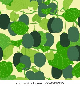 Seamless pattern with kiwi fruits and leaves. Repeating background with fruit. Vector illustration for fabric or wallpaper