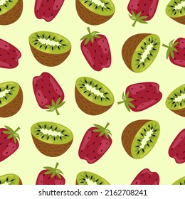 Seamless pattern with kiwi halves and strawberries on a light green background. Botanical vector illustration for printing on clothing, textiles, paper, fabric, packaging.