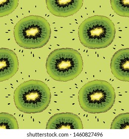 Seamless pattern with kiwi. Juicy half green kiwi. Bright background. Wallpaper, print, wrapping paper, banner, poster, promotional material. Vector illustration.