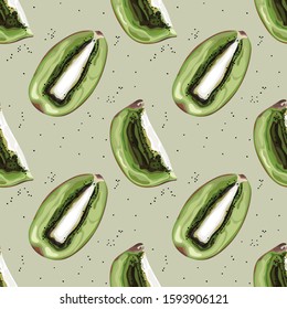 Seamless pattern with kiwi. Juicy half green kiwi. Bright background. Wallpaper, print, wrapping paper, banner, poster, promotional material. Vector illustration.