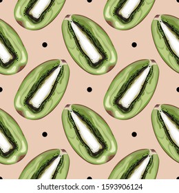 Seamless pattern with kiwi. Juicy half green kiwi. Bright background. Wallpaper, print, wrapping paper, banner, poster, promotional material. Vector illustration.