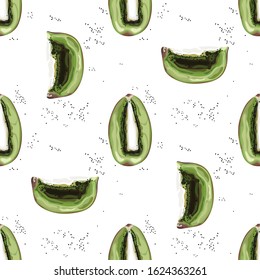 Seamless pattern with kiwi. Juicy half green kiwi. Bright background. Wallpaper, print, wrapping paper, banner, poster, promotional material. Vector illustration.