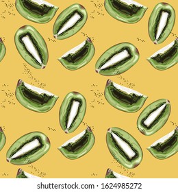 Seamless pattern with kiwi. Juicy half green kiwi. Bright background. Wallpaper, print, wrapping paper, banner, poster, promotional material. Vector illustration.